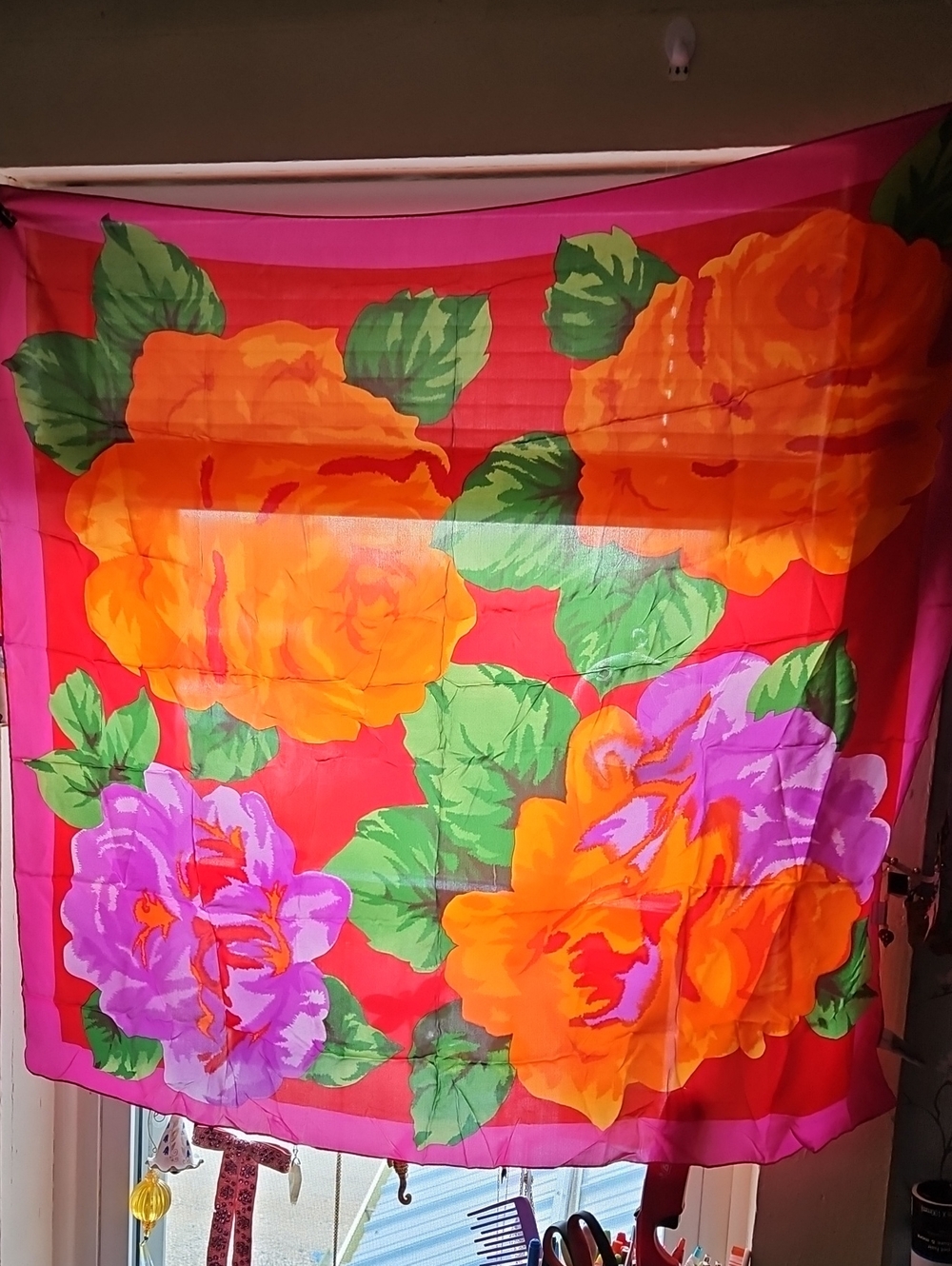 Oscar de la Renta Hot Pink Silk Floral Scarf